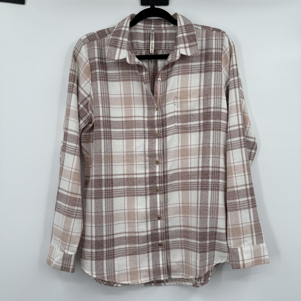 Kuhl Button-Up Shirt Womens M Beige Plaid Flannel Long Sleeve Collared Casual